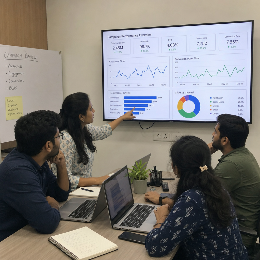 Hyderabad marketing team reviewing campaign performance dashboards
