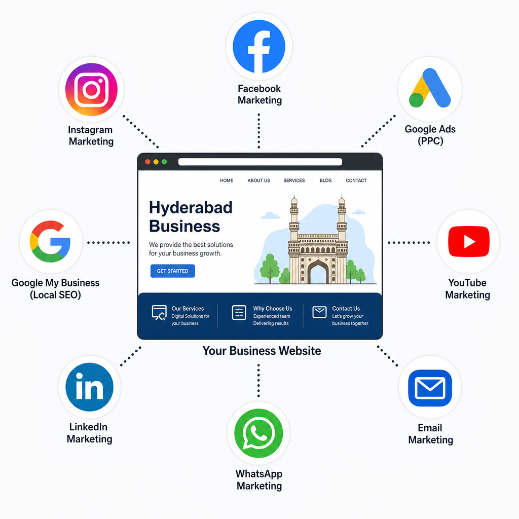 Digital marketing channels connected around a Hyderabad business website